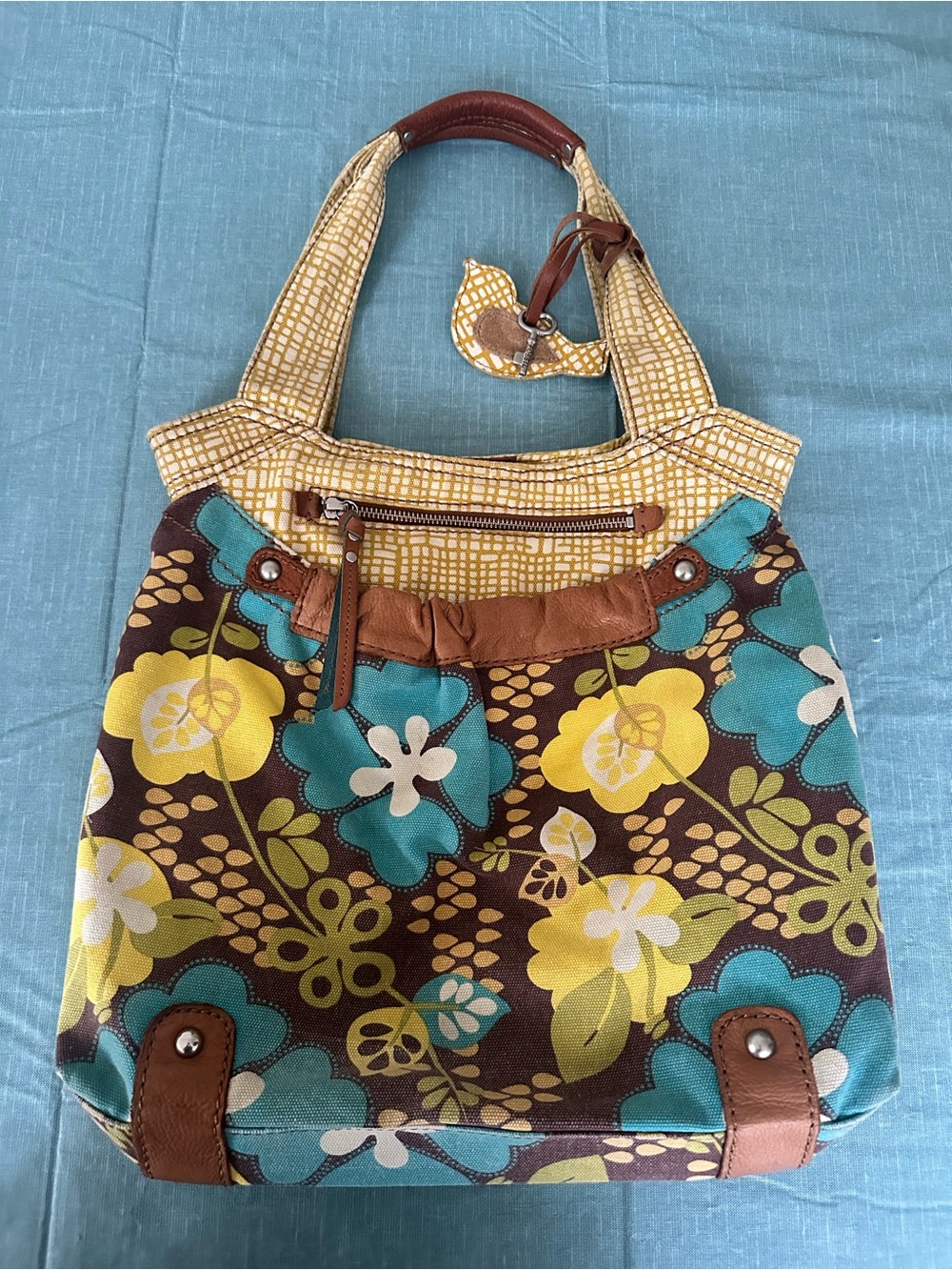 Fossil Floral Canvas Tote Bag in Teal, Yellow & Brown